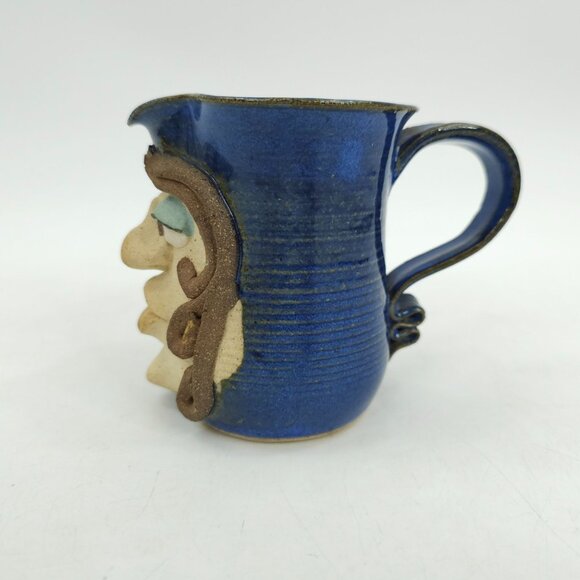 Funny Face Pitcher David Renfroe Pottery Vintage 1981 Blue Signed Ugly Face Mug - Picture 3 of 12